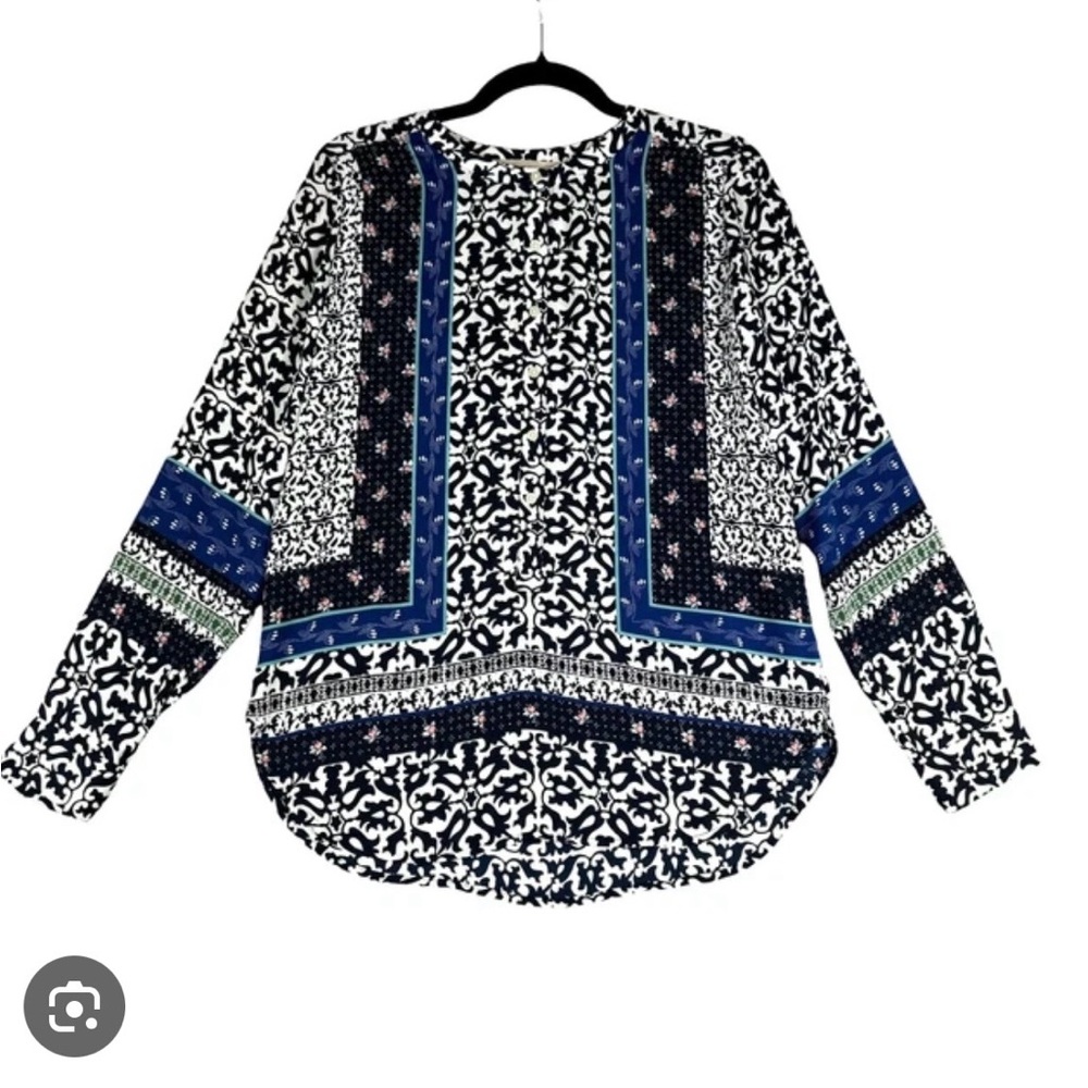 LOFT Mixed Print Boho Tunic Top - Blue/Black/White | Size Medium